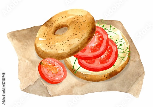 Watercolor bagel, sandwich with tomatoes and herbs. Delicious breakfast. Hand drawn watercolor illustration isolated on white background. Template for design menu.