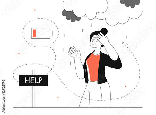 Tired woman with help sign line vector concept