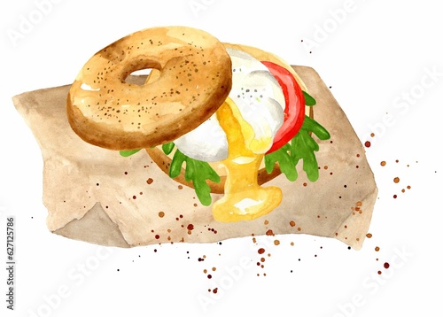 Watercolor bagel, sandwich with egg, tomatoes and herbs on baking paper. Delicious breakfast. Hand drawn watercolor illustration isolated on white background. Template for design menu.