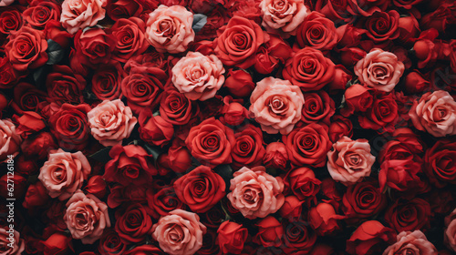 Natural fresh red roses flowers pattern wallpaper. top view, Red rose flower wall background.  photo