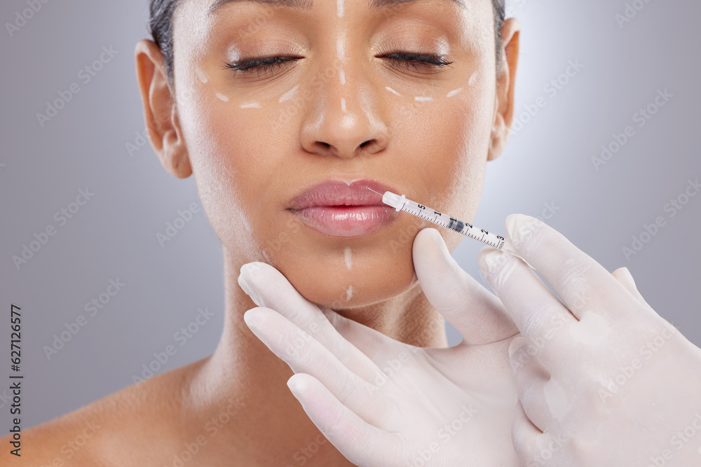 Plastic surgery, aesthetic and lip filler with woman and injection for botox, dermatology and beauty. Pattern, change and medical with model and syringe on grey background for collagen and cosmetics