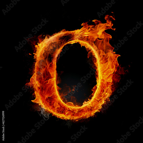 Capital letter O consisting of a flame. Burning letter O. Letter of fire flames alphabet on black background.