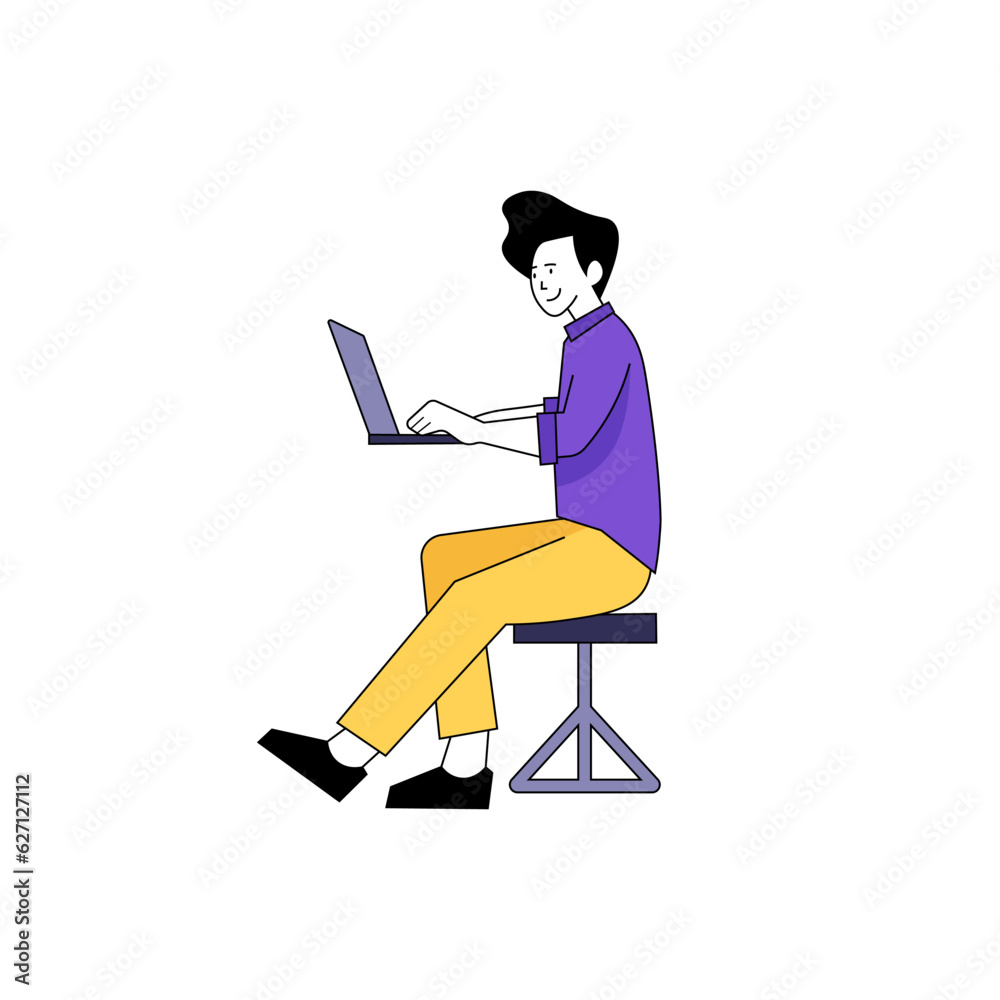 Man with laptop simple flat vector character illustration