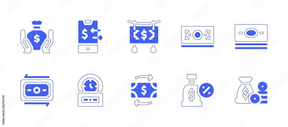 Money icon set. Duotone style line stroke and bold. Vector illustration. Containing money bag, money transfer, money laundering, money, time is money, money flow.
