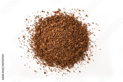 Pile of instant coffee grains on white background. Top view