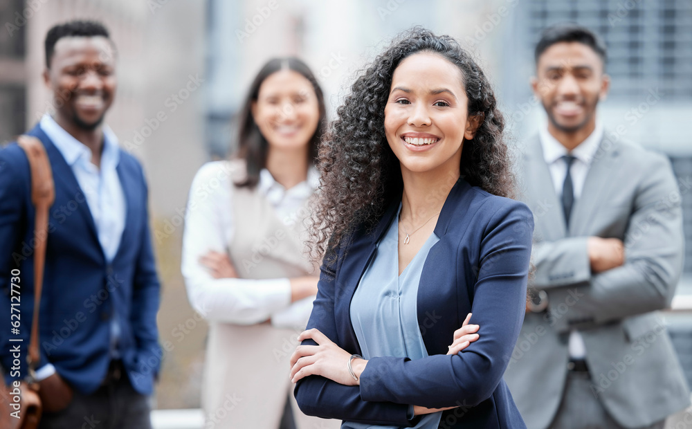 Business woman, city portrait and arms crossed outdoor with leadership and management success. Professional, team and group with a smile from company diversity and solidarity for corporate work Business woman, city portrait and arms crossed outdoor with leadership and management success. Professional, team and group with a smile from company diversity and solidarity for corporate work