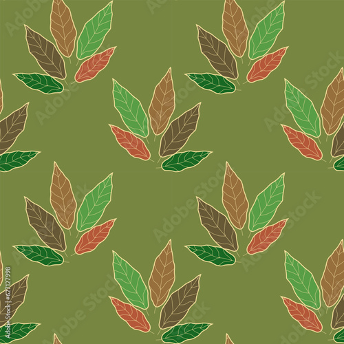 Floral seamless pattern. Retro midcentury design of brown, green and red autumn leaves