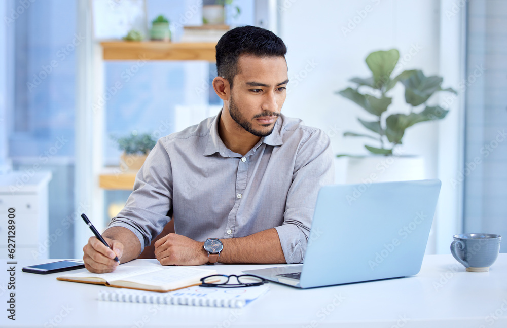 Young business man, writing and notebook with laptop, ideas or schedule planning at web design job. Businessman, book and computer with notes, brainstorming or problem solving for report in workplace