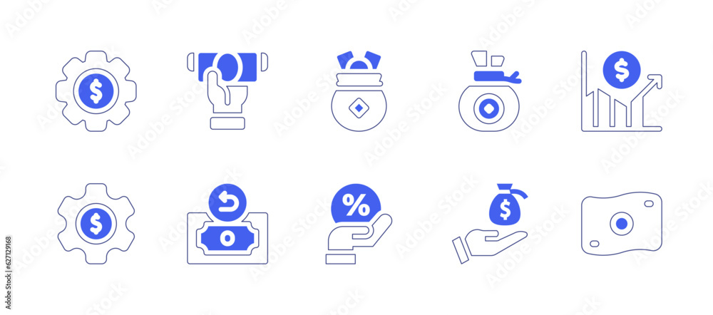 Money icon set. Duotone style line stroke and bold. Vector illustration. Containing system, money, money bag, grow, money management, cash back, save money.