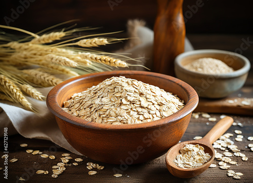 wheat grains and ears of wheat on the table