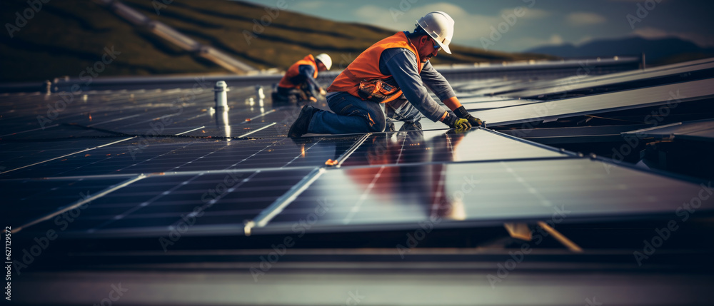 Engineer installing solar panels on roofs of homes, residential, commercial buildings, Renewable energy and Sustainable resources concept.