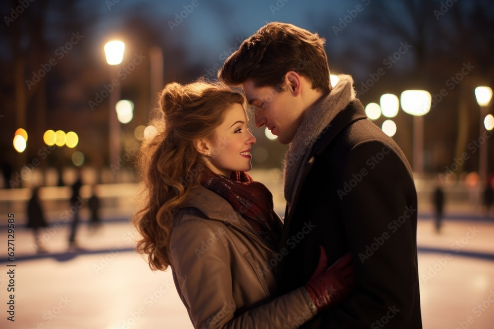 a beautiful couple ice skating on ice in winter. looking at each other and kissing. romantic night with lamps lights. Generative AI
