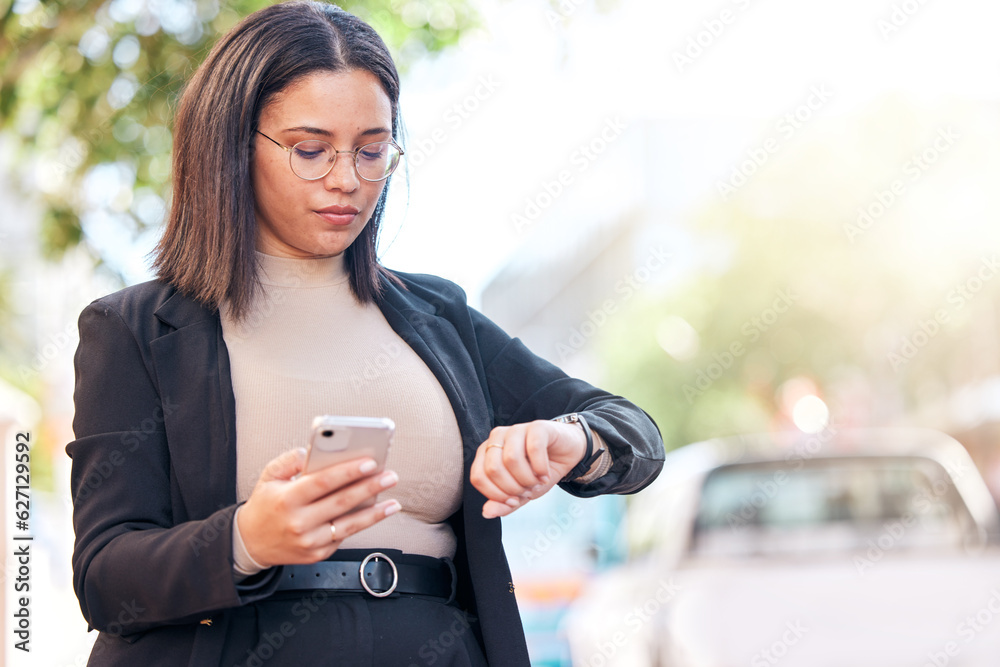 Business, woman and checking time in city with phone for schedule for ...