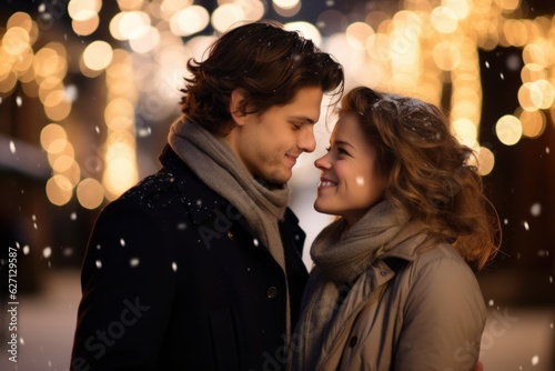 a beautiful couple ice skating on ice in winter. looking at each other and kissing. romantic night with lamps lights. Generative AI