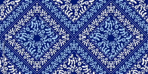 abstract flower grid pattern background, in a square frame, african textile art, tribal abstract hand-draw, hawaii summer fashion artwork for Fabric print, clothes, scarf, shawl, carpet, bag