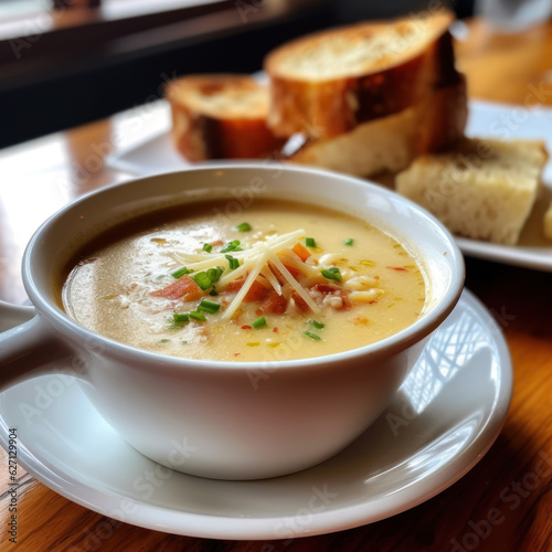 A bowl of soup with bread and butter 