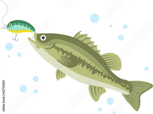 緑色のルアーで釣る、ブラックバスのイラスト