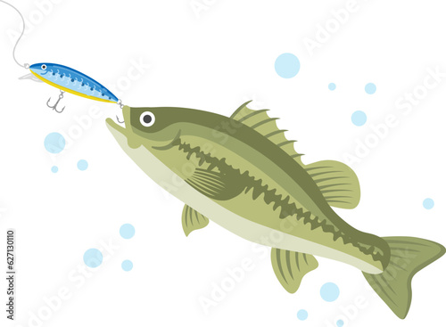 青色のルアーで釣る、ブラックバスのイラスト