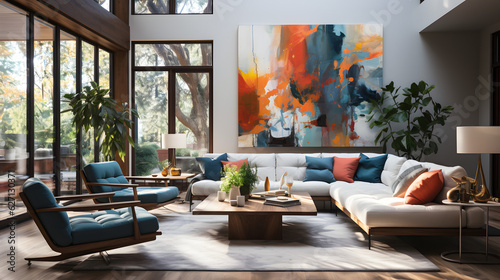 Modern bright living room with large cozy arm chairs
