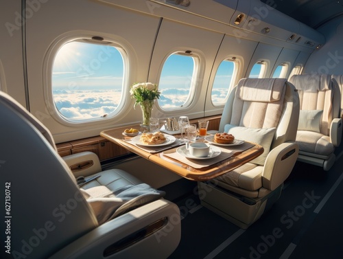 A private airplane with white leather seats and a tray table in the style of modern luxury, overlooking the sky through a window. Generative AI