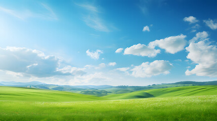Panoramic natural landscape with green grass field, blue sky with clouds and mountains in background. 