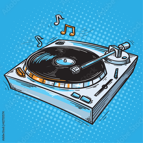 Drawn turntable and musical notes, colorful music design