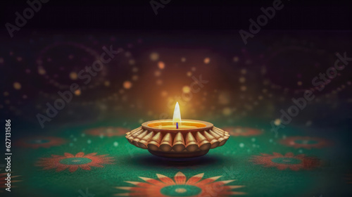 Diya with Rangoli on Green Background for Diwali Celebration Festive and Traditional Diwali LampAI Generative photo