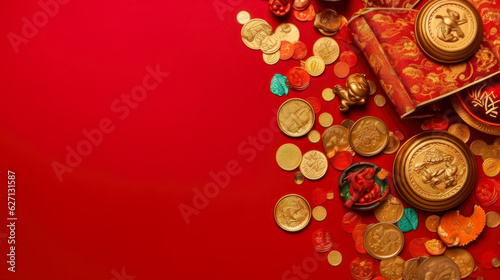 Festive and Traditional Chinese New Year Banner with Lanterns Coins and Envelopes AI Generative