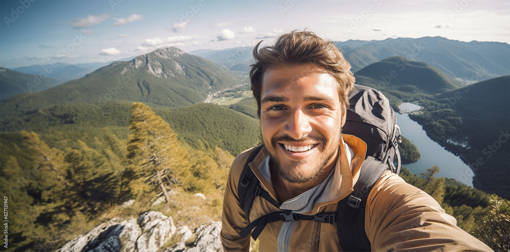 a young hiker man standing on the top of a mountain