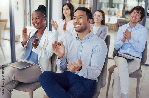 Business people, meeting and applause for presentation, teamwork or collaboration at the office. Group of employees or audience clapping for team motivation, staff training or workshop at workplace