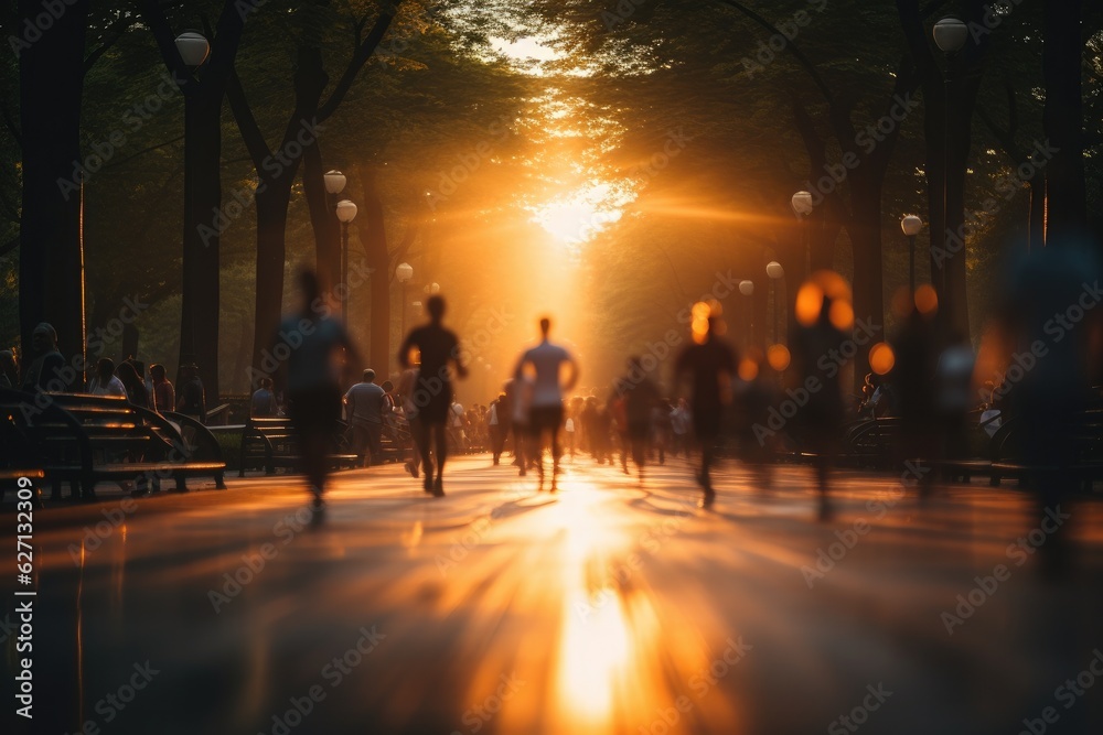 People jogging in park during sunset, Motion Blur, Generative AI