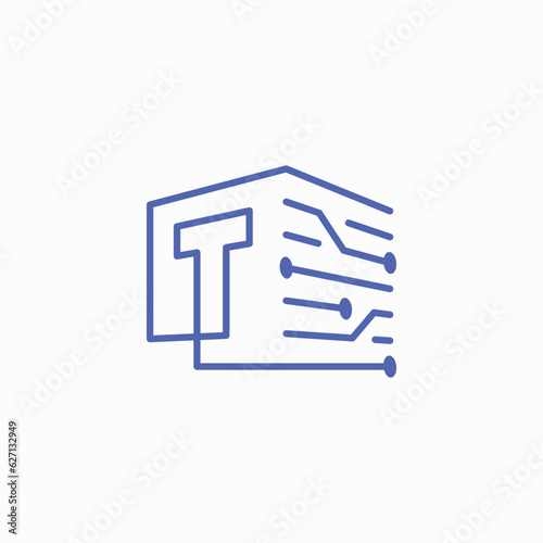 T Letter Tech Electric Circuit cube block Logo Outline Vector Icon Illustration