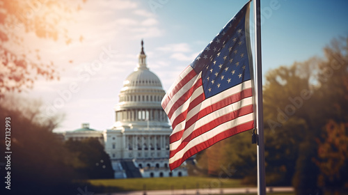 Close - up shots of United States flag on washington DC background. USA, Generative ai