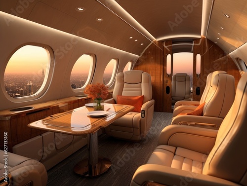 In the luxury interior of the modern private business jet with leather seats and tables, sunlight shines through windows. Generative AI