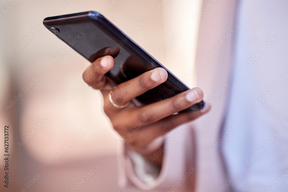 Woman, hands and phone for communication, networking or online browsing on social media outdoors. Closeup of female person typing, texting or chatting on mobile smartphone app in city or urban town Woman, hands and phone for communication, networking or online browsing on social media outdoors. Closeup of female person typing, texting or chatting on mobile smartphone app in city or urban town