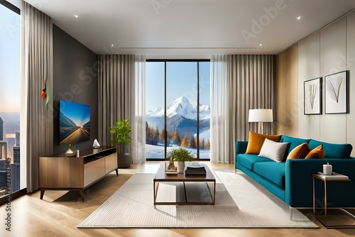 Cozy room interior with stylish furniture  decor and modern TV set. 3d illustration.