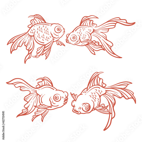Set of hand drawn goldfish vector illustration. Goldfish line art collection