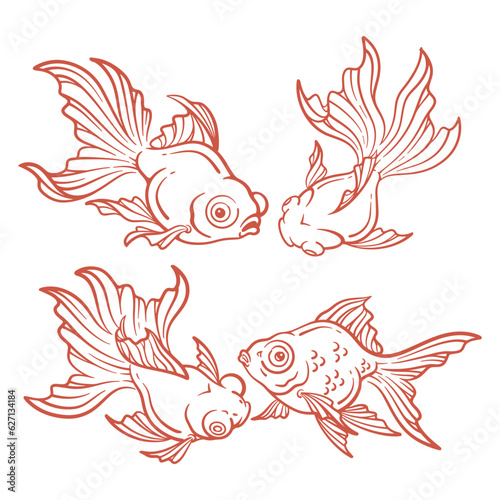 Set of hand drawn goldfish vector illustration. Goldfish line art collection