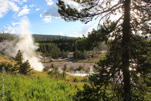 Evening landscape view of Yellowstone National Park, Artists Paint Pots area. 