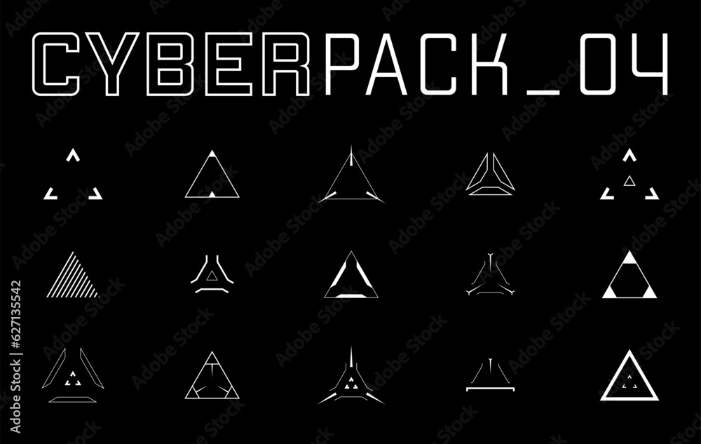 Cyberpunk style design elements set. Triangle targets, aims, sights, and crosshairs. A pack of futuristic aims. A vector collection of futuristic cyberpunk design elements