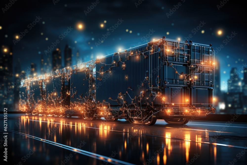 Fototapeta premium Business logistics and transportation concept of a container cargo truck and cargo with a working crane bridge in a shipyard and a sunset in the background. Generative AI