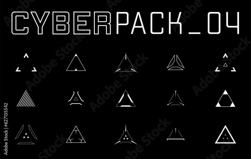 Cyberpunk style design elements set. Triangle targets, aims, sights, and crosshairs. A pack of futuristic aims. A vector collection of futuristic cyberpunk design elements