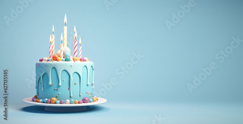 Yummy birthday cake with candles on light blue background. Party birthday concept. photo
