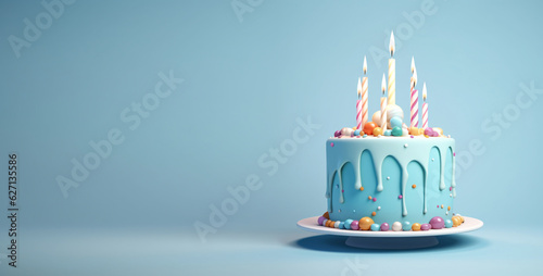 Yummy birthday cake with candles on light blue background. Party birthday concept.
