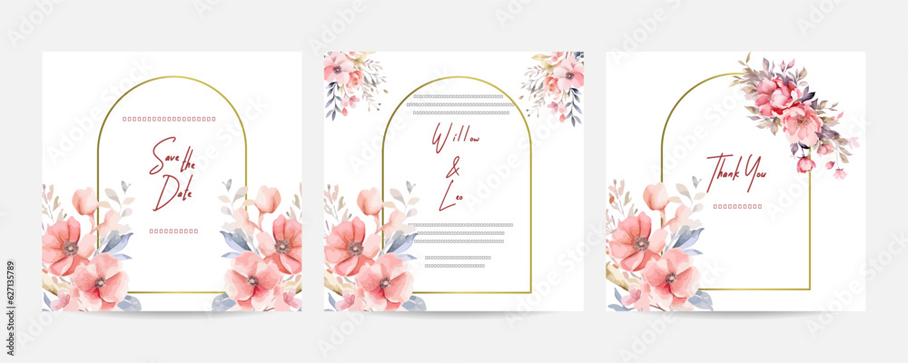 Arrangement of nude begonia flowers and leaves at corner frame hand painting on wedding invitation card. Rustic wedding card invitation theme.