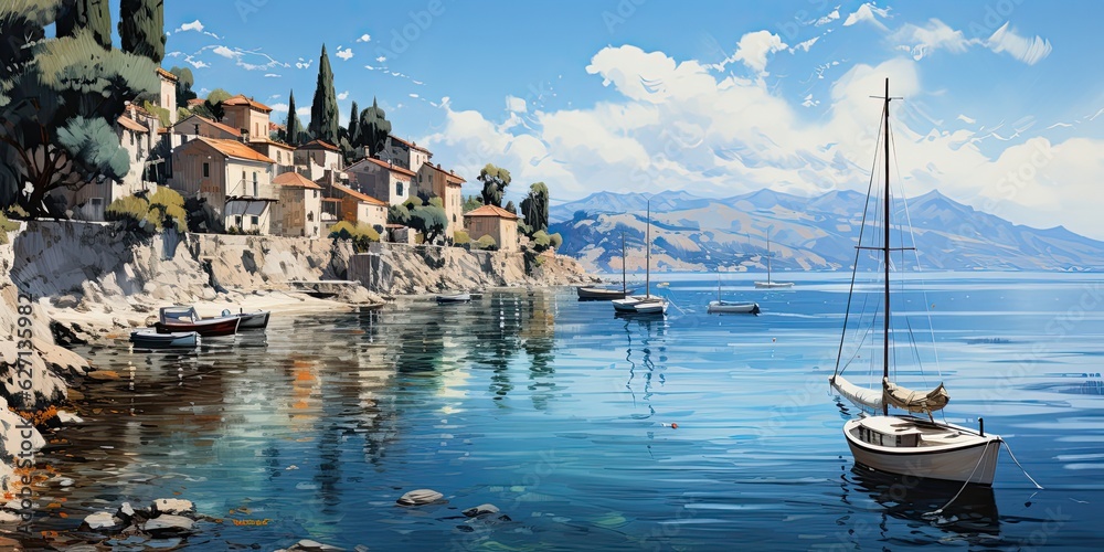 illustration of Europe coastal line village in painting style by generative AI