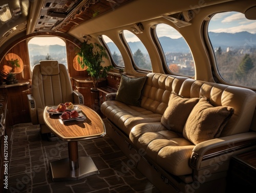 A private jet has an open interior with brown sofas, brown leather seats, and tables, overlooking the sky through a window.. Generative AI © itchaznong