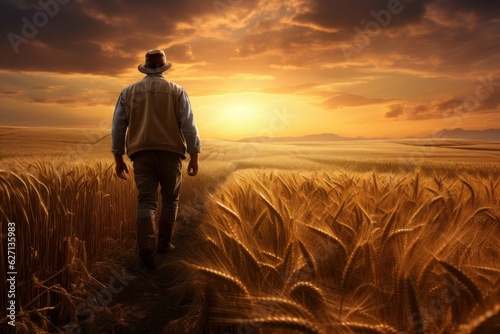 Vivid snapshot of a farmer standing amidst a vast, flourishing wheat field under the warm glow of the setting sun.