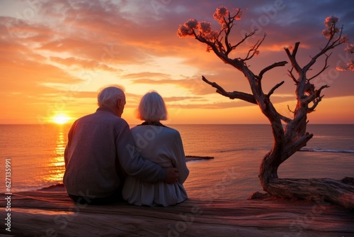 Heartwarming shot of an elderly couple enjoying a peaceful sunset by the sea, their hands intertwined in a display of enduring love.