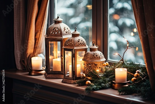 Hygge, decoration, and the concept of Christmas can be illustrated by the image of candles softly glowing inside lanterns, and a beautiful garland adorning the window sill in a cozy home.